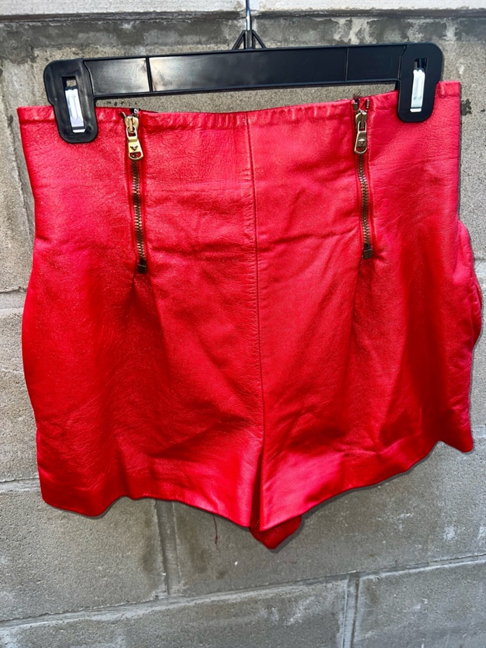 Versace Red High-Waist Leather Shorts with Gold Zippers with silk lining.